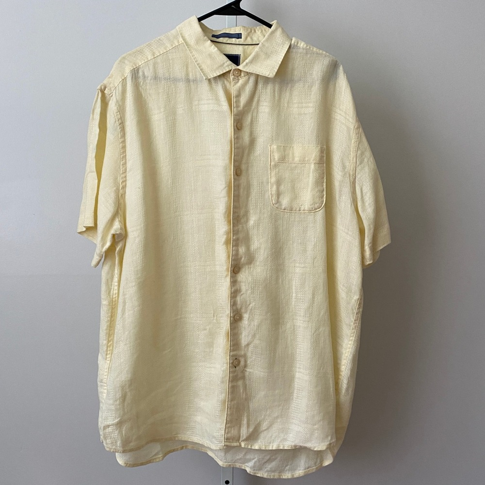 Tommy Bahama XL Yellow Linen Button Down Short Sleeve Textured Camp Shirt Summer